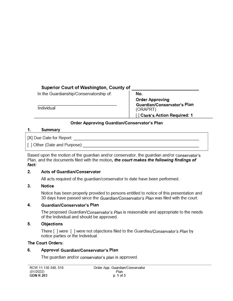 Order Approving Guardian Conservators Plan {GDN R 203} | Pdf Fpdf Docx | Washington