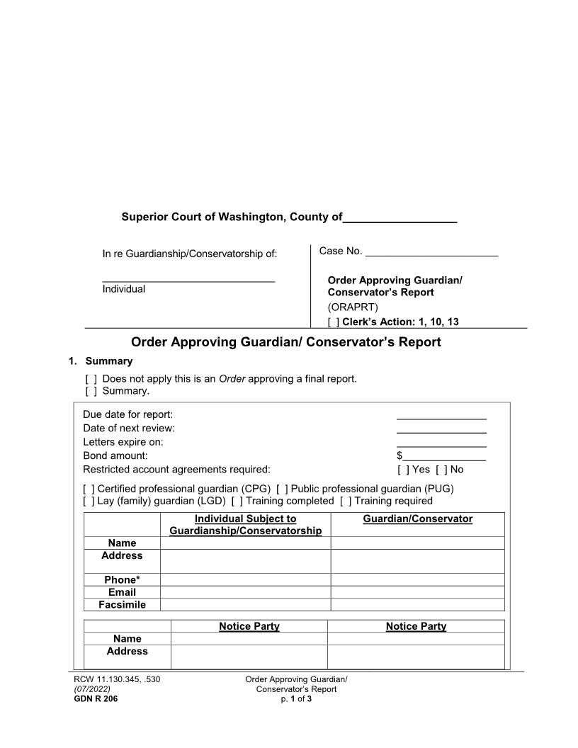 Order Approving Guardian Conservators Report {GDN R 206} | Pdf Fpdf Docx | Washington