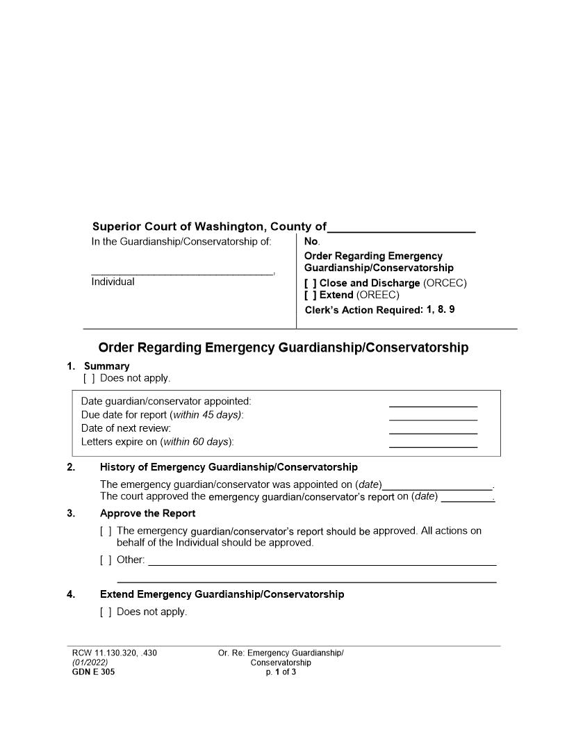 Order Re Emergency Guardianship Or Conservatorship Close Or Extend {GDN E 305} | Pdf Fpdf Docx | Washington