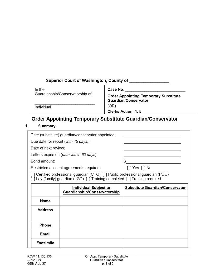 Order Re Temporary Substitute Guardian Conservator {GDN ALL 37} | Pdf Fpdf Docx | Washington