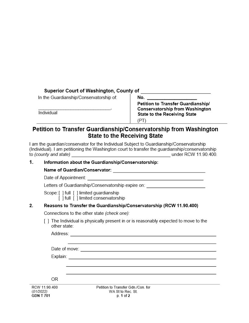 Petition To Transfer Guardianship From Washington State To The Receiving State {GDN T 701} | Pdf Fpdf Docx | Washington