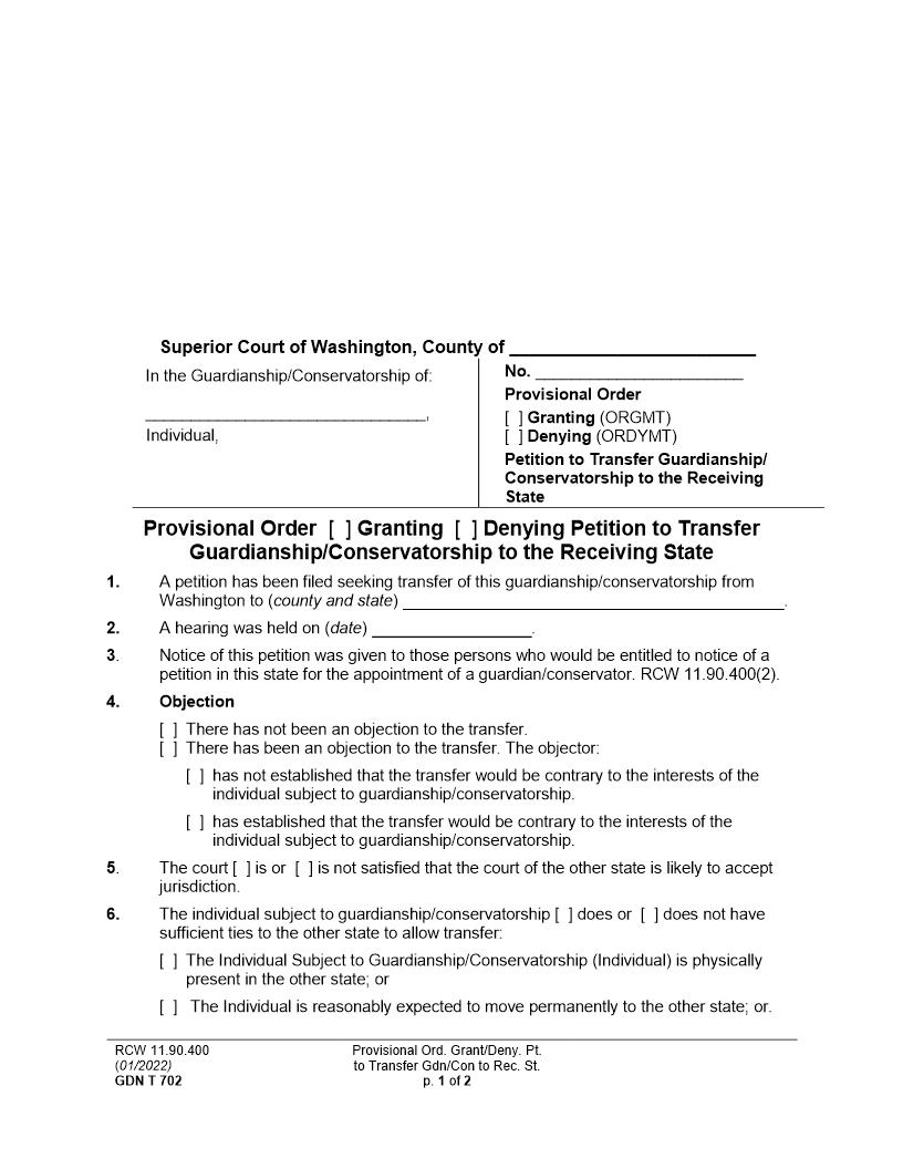 Provisional Order Granting Denying Petition To Transfer Guardianship To The Receiving State {GDN T 702} | Pdf Fpdf Docx | Washington
