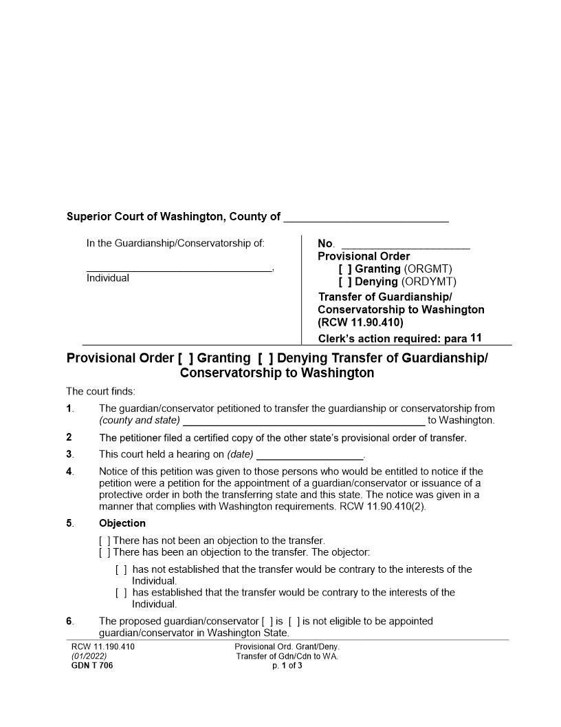 Provisional Order Granting Denying Transfer Of Guardianship Or Conservatorship To Washington {GDN T 706} | Pdf Fpdf Docx | Washington