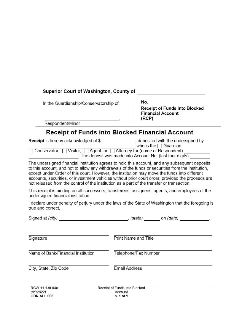 Receipt Of Funds Into Blocked Financial Account {GDN ALL 006} | Pdf Fpdf Docx | Washington