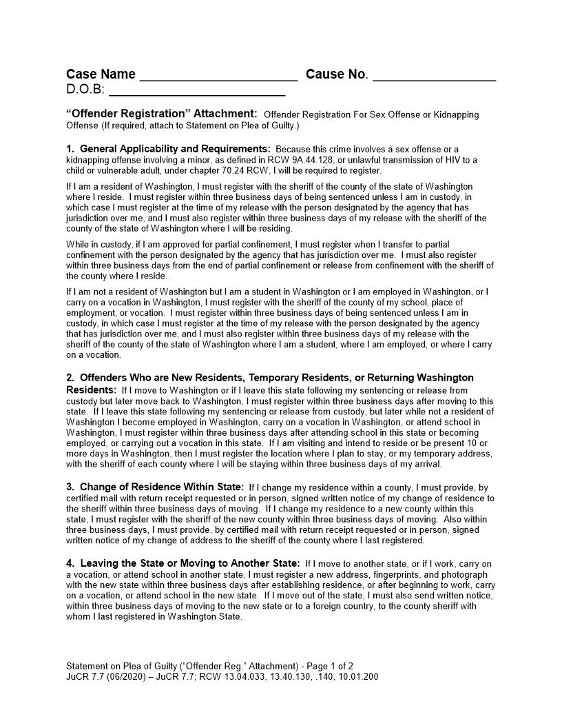 Offender Registration Attachment {JuCR 7.7} | Pdf Fpdf Docx | Washington