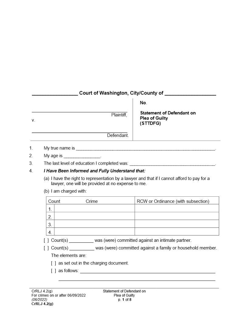 Statement Of Defendant On Plea Of Guilty {CrRLJ 4.2(g)} | Pdf Fpdf Docx | Washington