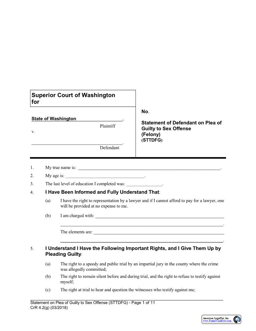 Statement Of Defendant On Plea Of Guilty To Sex Offense {CrR 4.2(g)} | Pdf Fpdf Docx | Washington