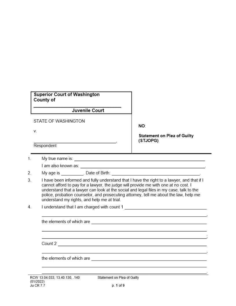 Statement On Plea Of Guilt {JuCR 7.7} | Pdf Fpdf Docx | Washington
