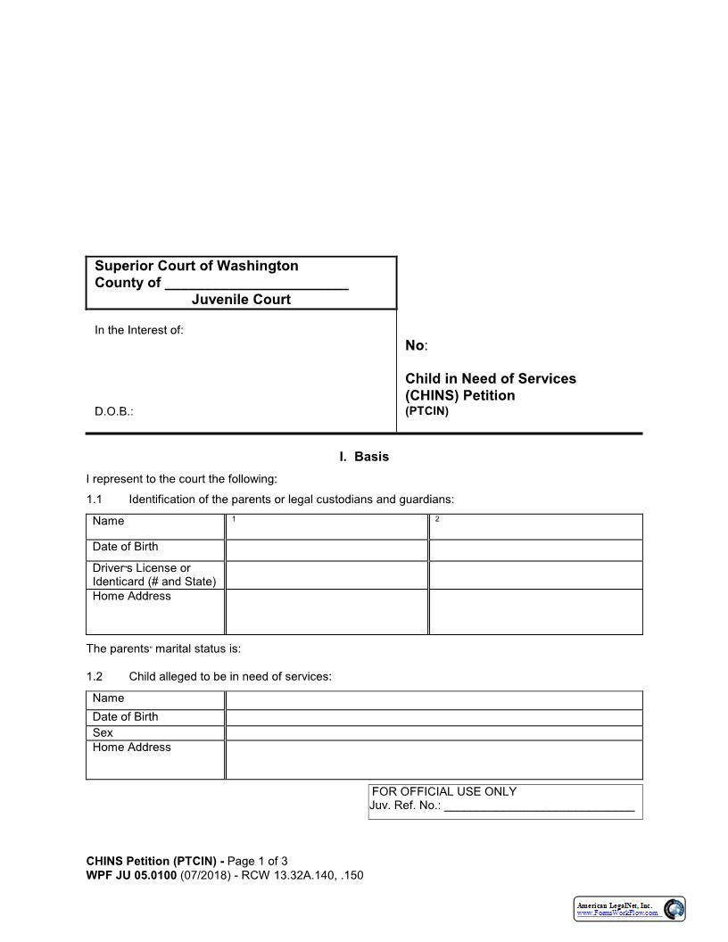 Child In Need Of Services Petition {JU 05.0100} | Pdf Fpdf Docx | Washington