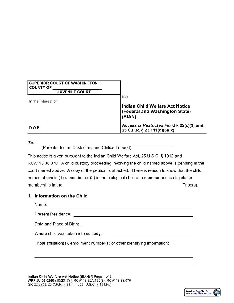 Indian Child Welfare Act Notice {JU 05.0250} | Pdf Fpdf Docx | Washington