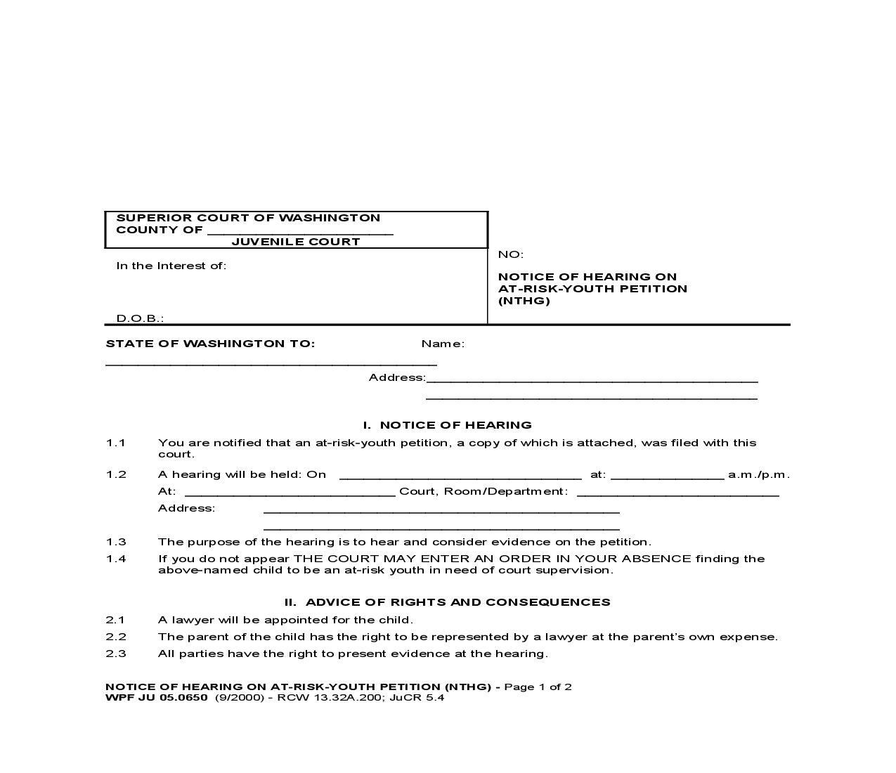 Notice Of Hearing On At Risk Youth Petition {JU 05.0650} | Pdf Fpdf Doc Docx | Washington