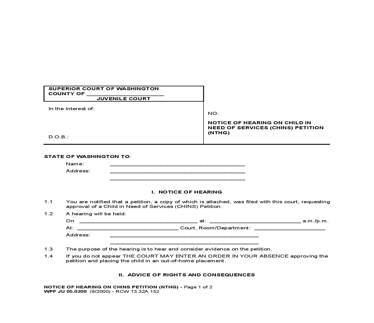 Notice Of Hearing On Child In Need Of Services Petition {JU 05.0200} | Pdf Fpdf Doc Docx | Washington