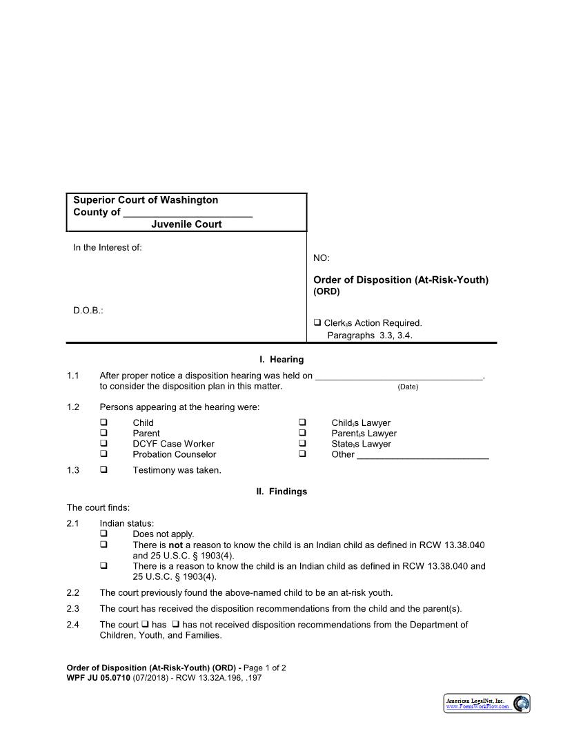 Order Of Disposition (At Risk Youth) {JU 05.0710} | Pdf Fpdf Docx | Washington