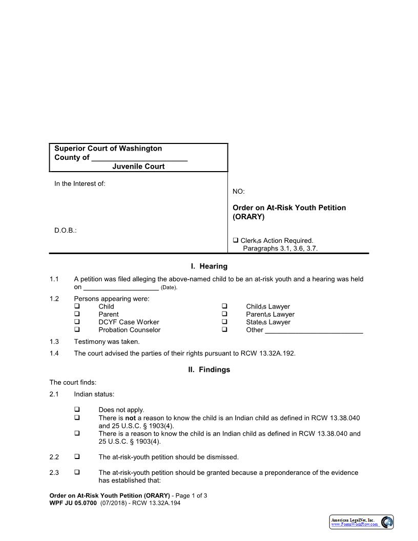 Order On At Risk Youth Petition {JU 05.0700} | Pdf Fpdf Docx | Washington