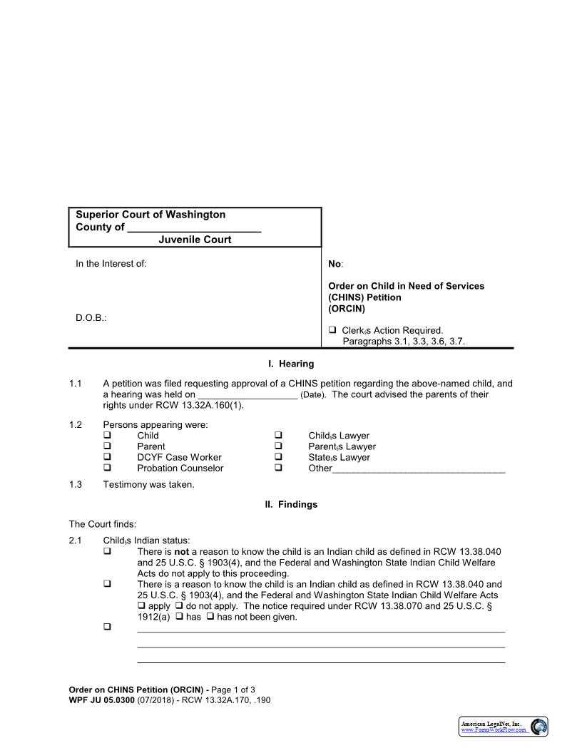 Order On Child In Need Of Services Petition {JU 05.0300} | Pdf Fpdf Docx | Washington
