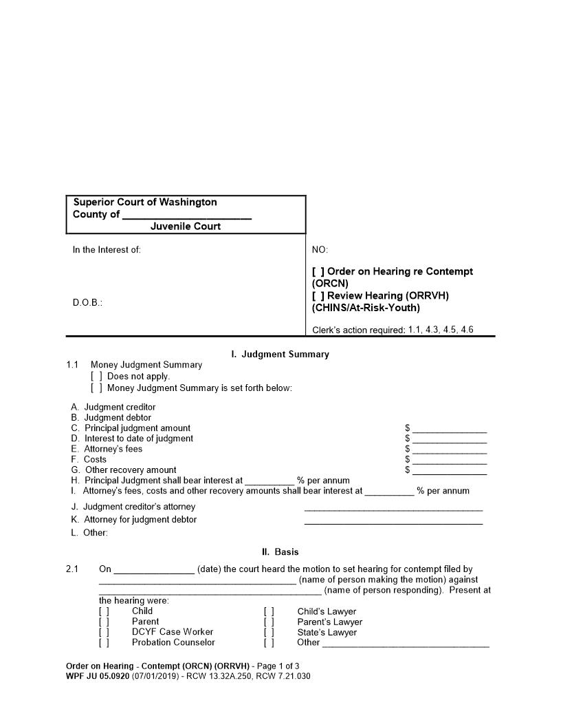 Order On Hearing Re Contempt {JU 05.0920} | Pdf Fpdf Docx | Washington