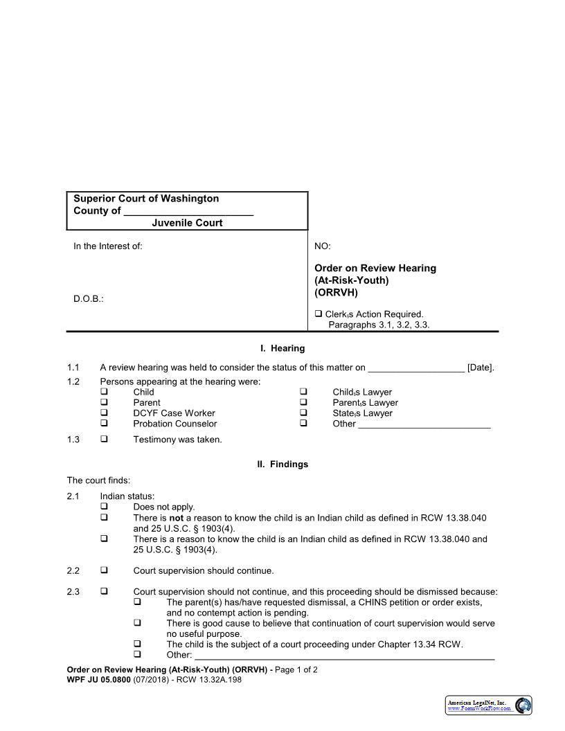 Order On Review Hearing (At Risk Youth) {JU 05.0800} | Pdf Fpdf Docx | Washington