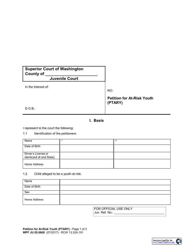Petition For At Risk Youth {JU 05.0600} | Pdf Fpdf Docx | Washington