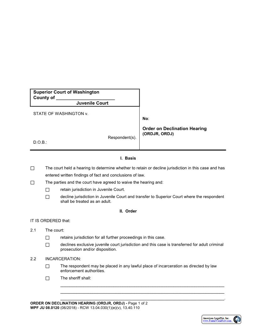 Order On Declination Hearing {JU 08.0120} | Pdf Fpdf Docx | Washington