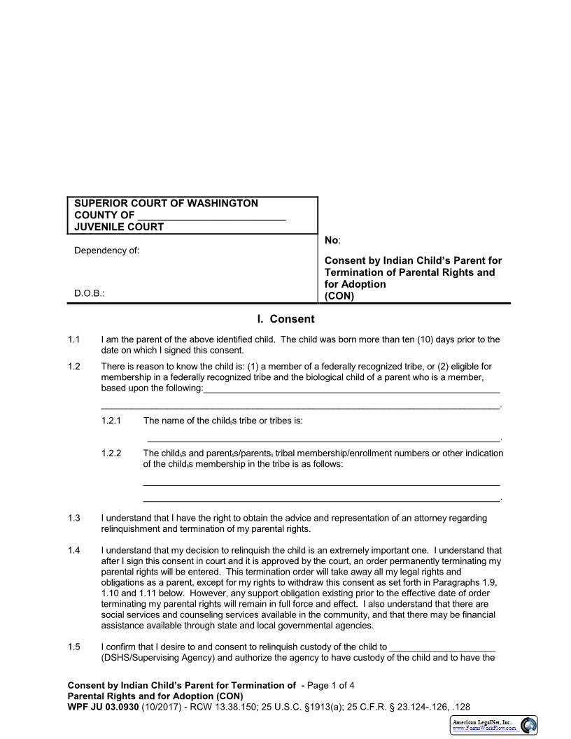 Consent By Indian Childs Parent For Termination Of Parental Rights For Adoption {JU 03.0930} | Pdf Fpdf Docx | Washington
