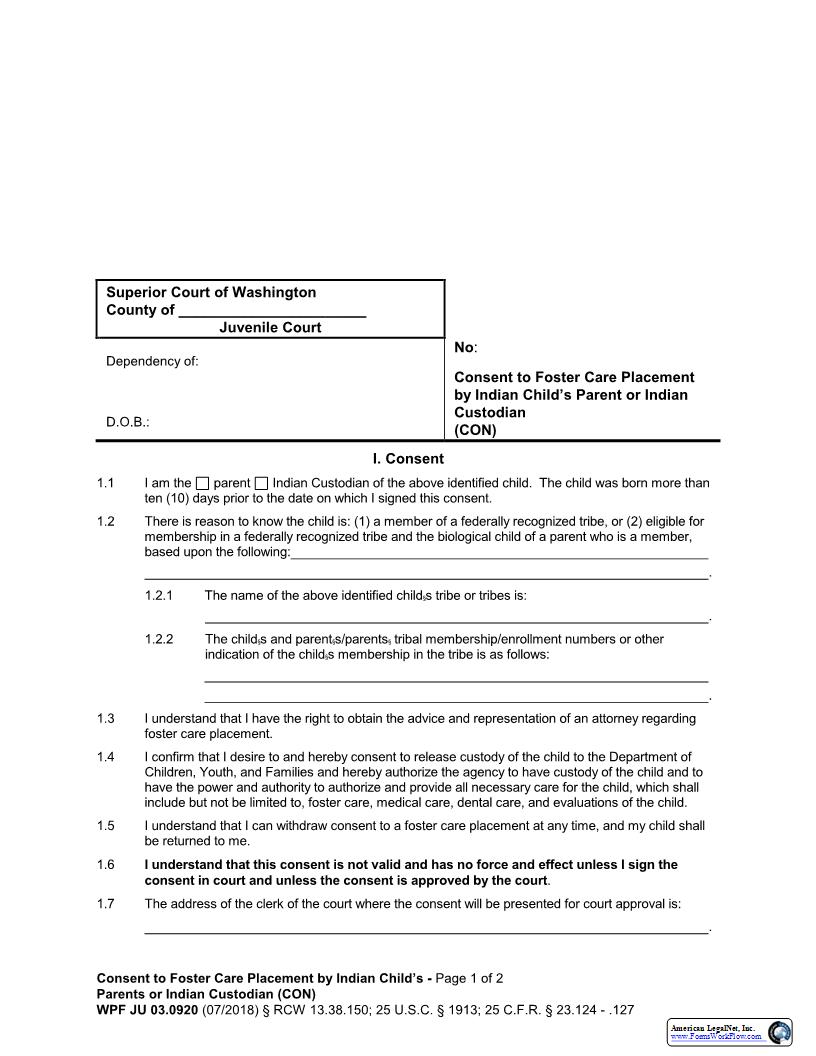 Consent To Foster Care Placement By Indian Childs Parent {JU 03.0920} | Pdf Fpdf Docx | Washington