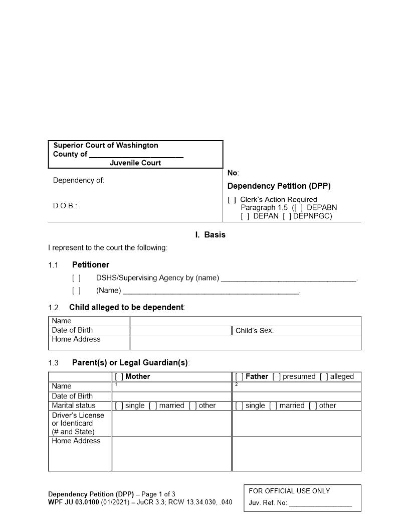 Dependency Petition {JU 03.0100} | Pdf Fpdf Docx | Washington