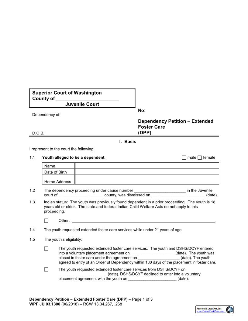 Dependency Petition Extended Foster Care {JU 03.1300} | Pdf Fpdf Docx | Washington