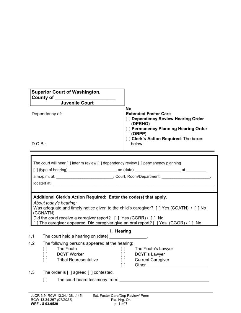 Extended Foster Care Hearing Order {JU 03.0520} | Pdf Fpdf Docx | Washington