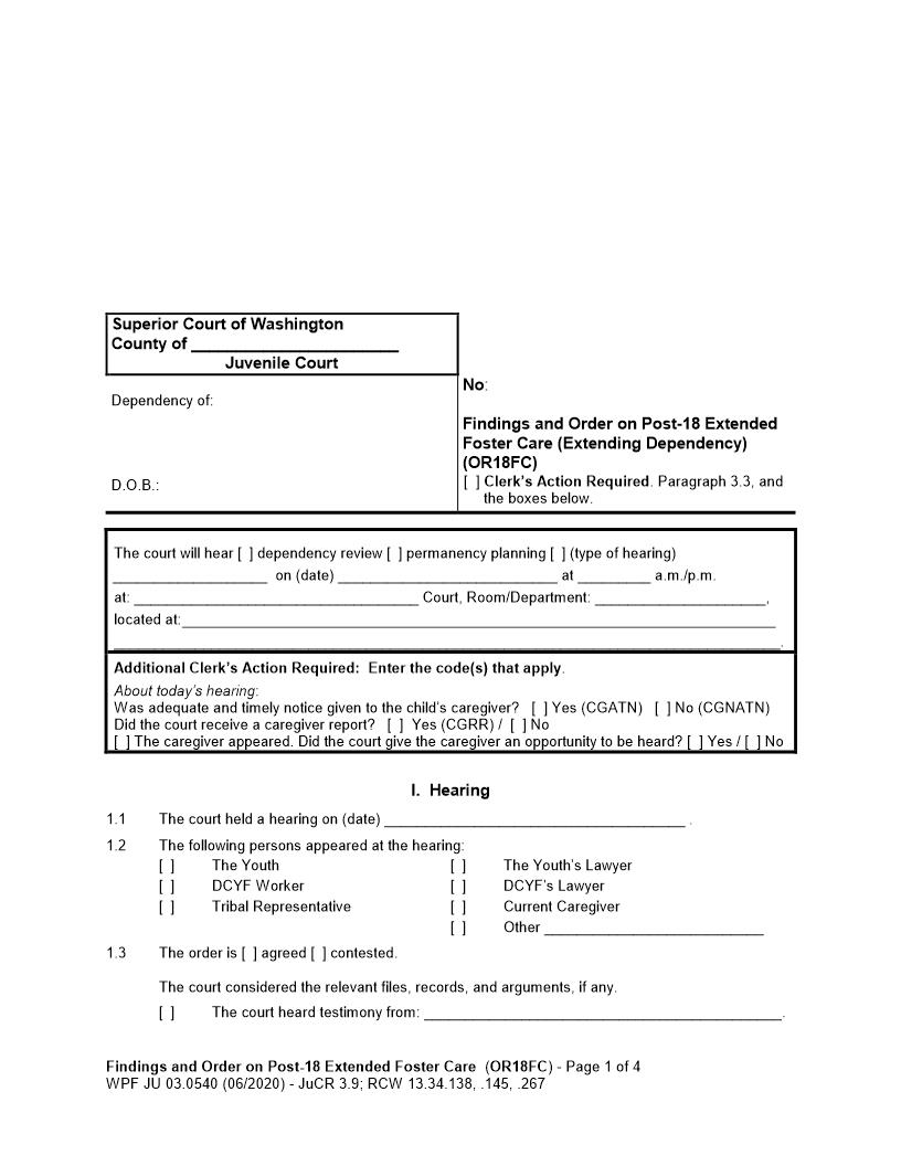 Findings And Order On Post 18 Extended Foster Care {JU 03.0540} | Pdf Fpdf Docx | Washington