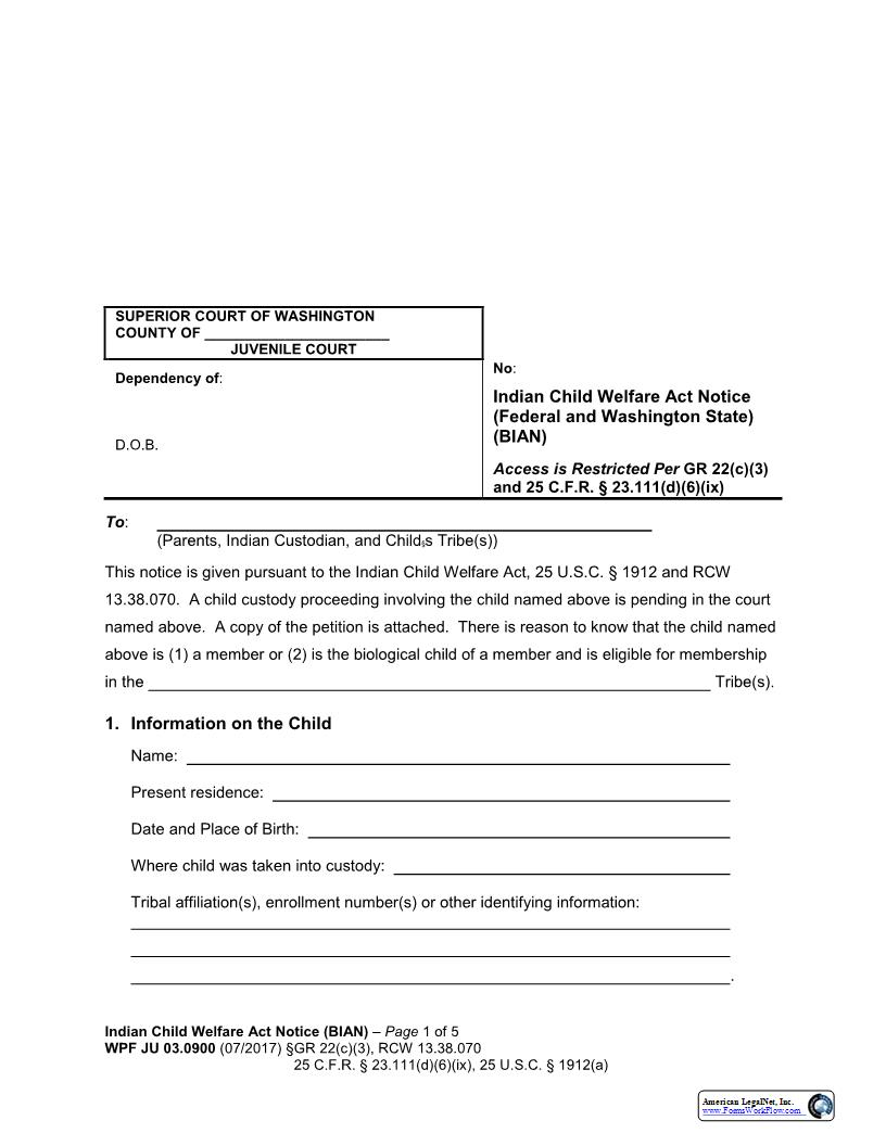 Indian Child Welfare Act Notice {JU 03.0900} | Pdf Fpdf Docx | Washington