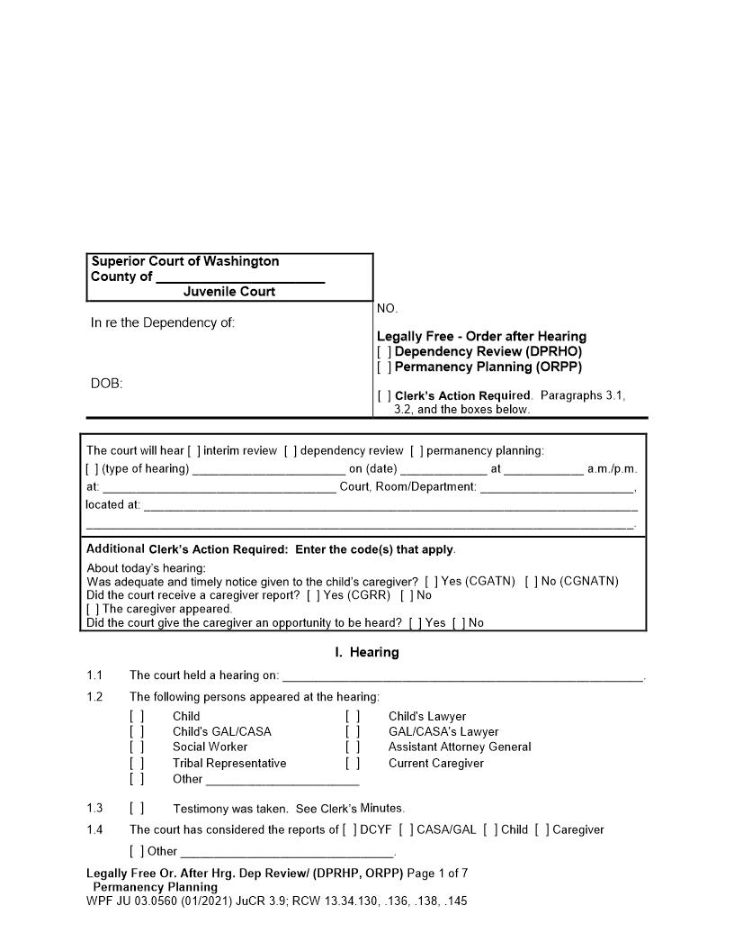 Legally Free Order After Hearing {JU 03.0560} | Pdf Fpdf Docx | Washington