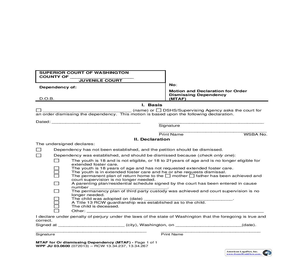 Motion And Declaration For Order Dismissing Dependency {JU 03.0600} | Pdf Fpdf Doc Docx | Washington