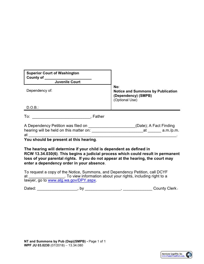 Notice And Summons By Publication (Dependency) {JU 03.0230} | Pdf Fpdf Docx | Washington