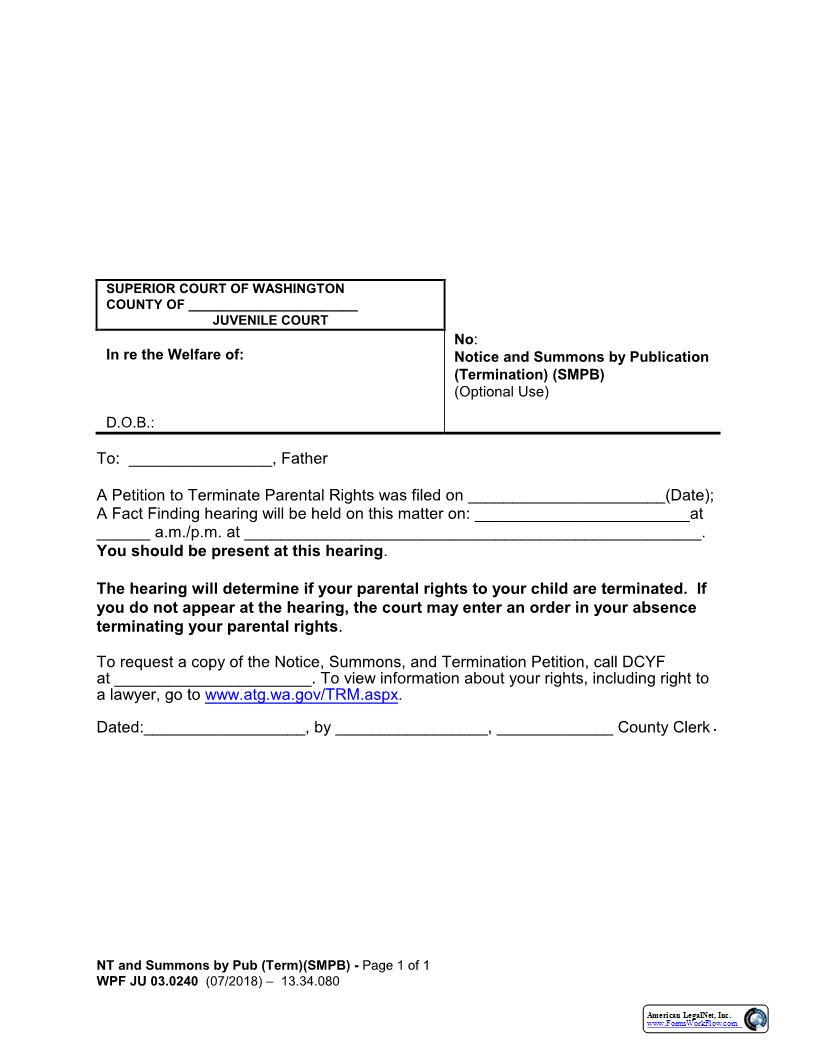 Notice And Summons By Publication (Termination) {JU 03.0240} | Pdf Fpdf Docx | Washington
