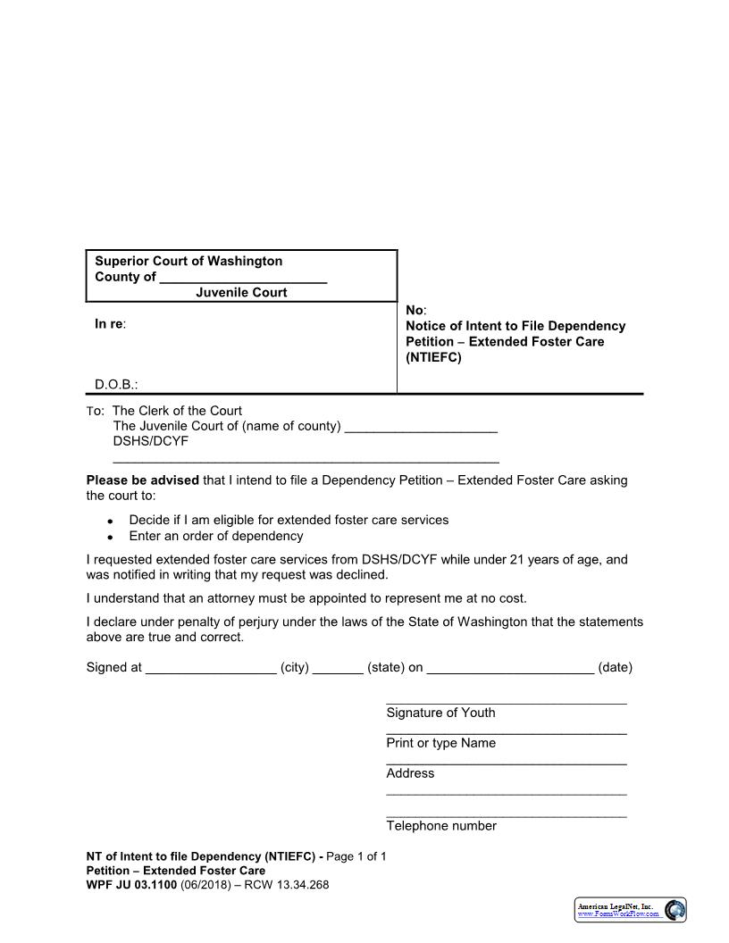 Notice Of Intent To File Dependency Petition Extended Foster Care {JU 03.1100} | Pdf Fpdf Docx | Washington