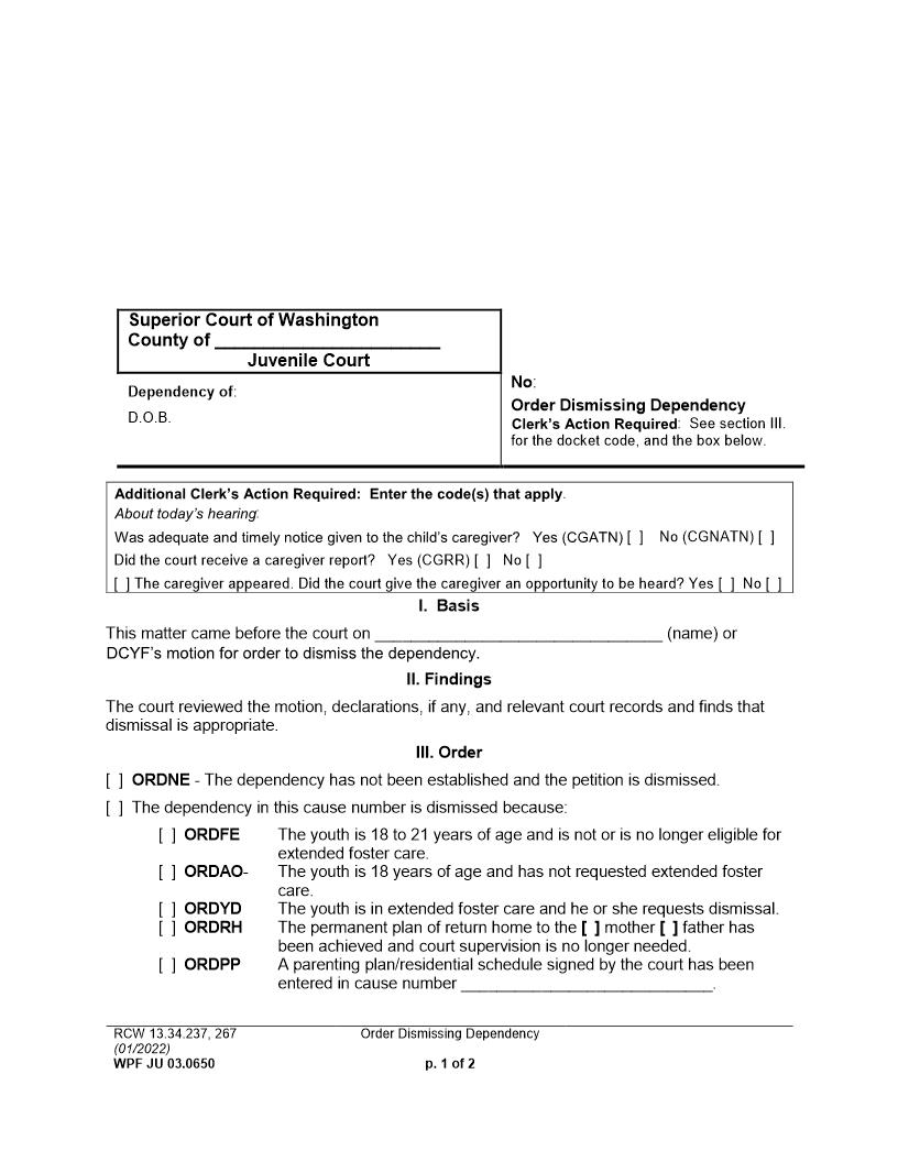 Order Dismissing Dependency {JU 03.0650} | Pdf Fpdf Docx | Washington