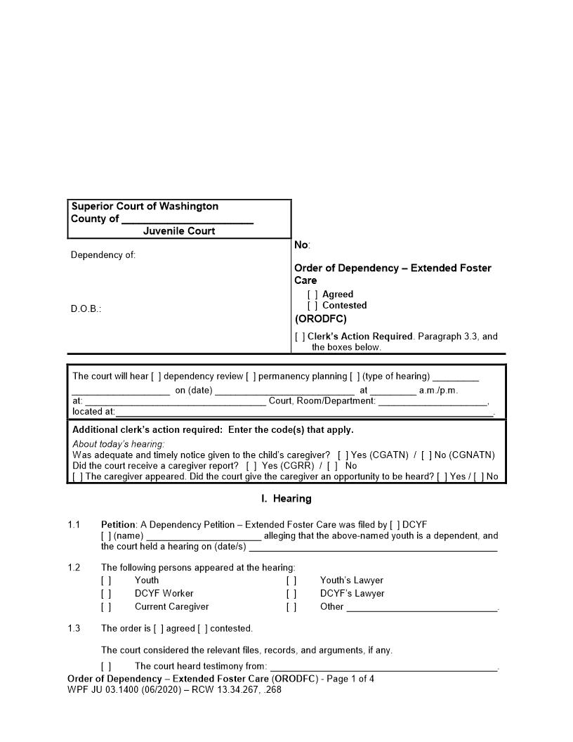 Order Of Dependency Extended Foster Care {JU 03.1400} | Pdf Fpdf Docx | Washington