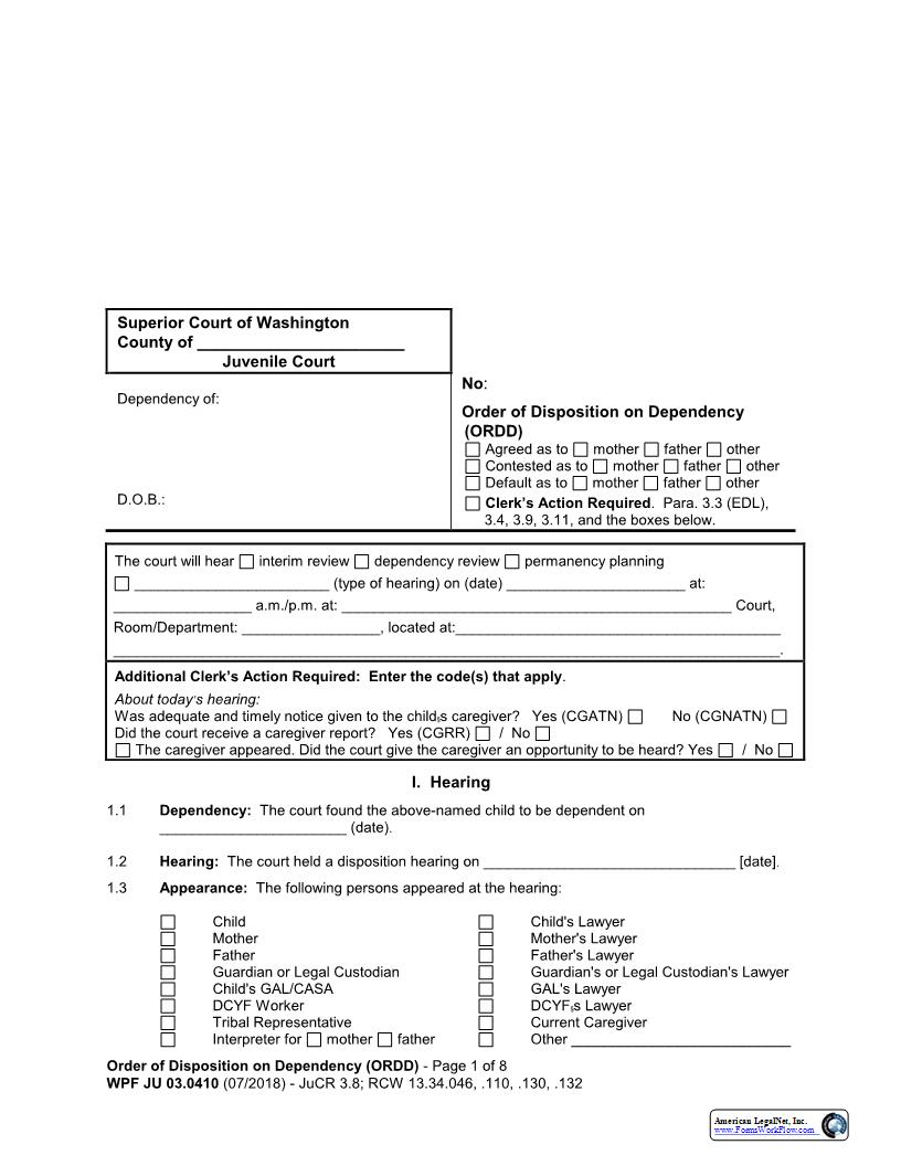 Order Of Disposition On Dependency {JU 03.0410} | Pdf Fpdf Docx | Washington