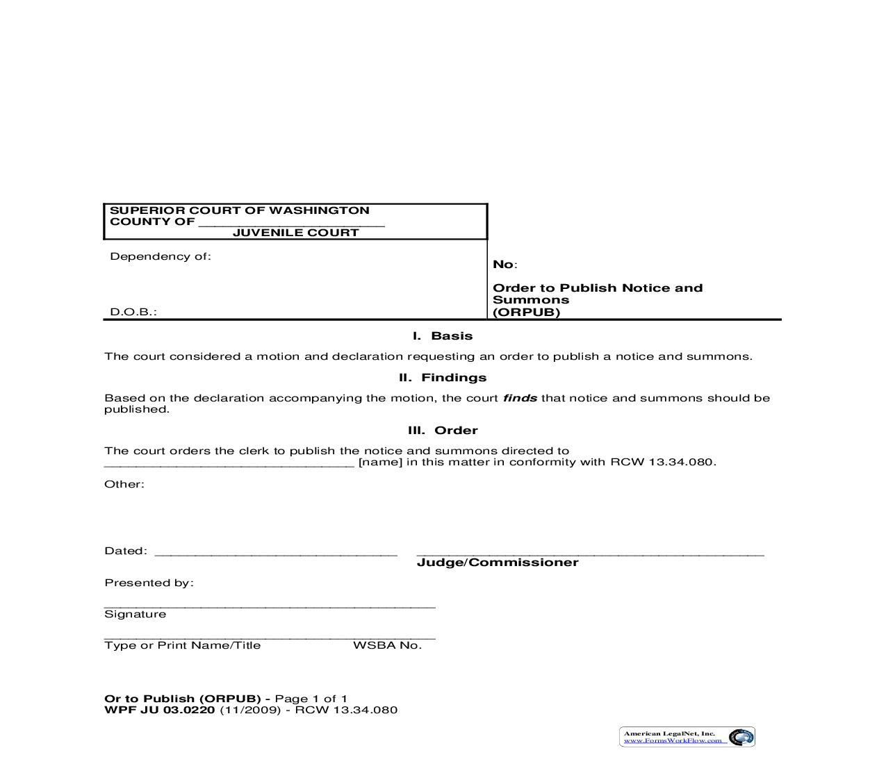 Order To Publish Notice And Summons {JU 03.0220} | Pdf Fpdf Doc Docx | Washington