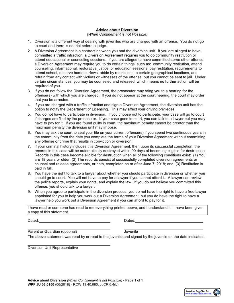 Advice About Diversion (When Confinement Is Not Possible) {JU 06.0150} | Pdf Fpdf Docx | Washington