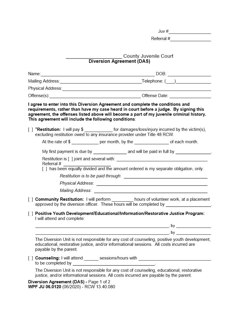 Diversion Agreement {JU 06.0120} | Pdf Fpdf Docx | Washington