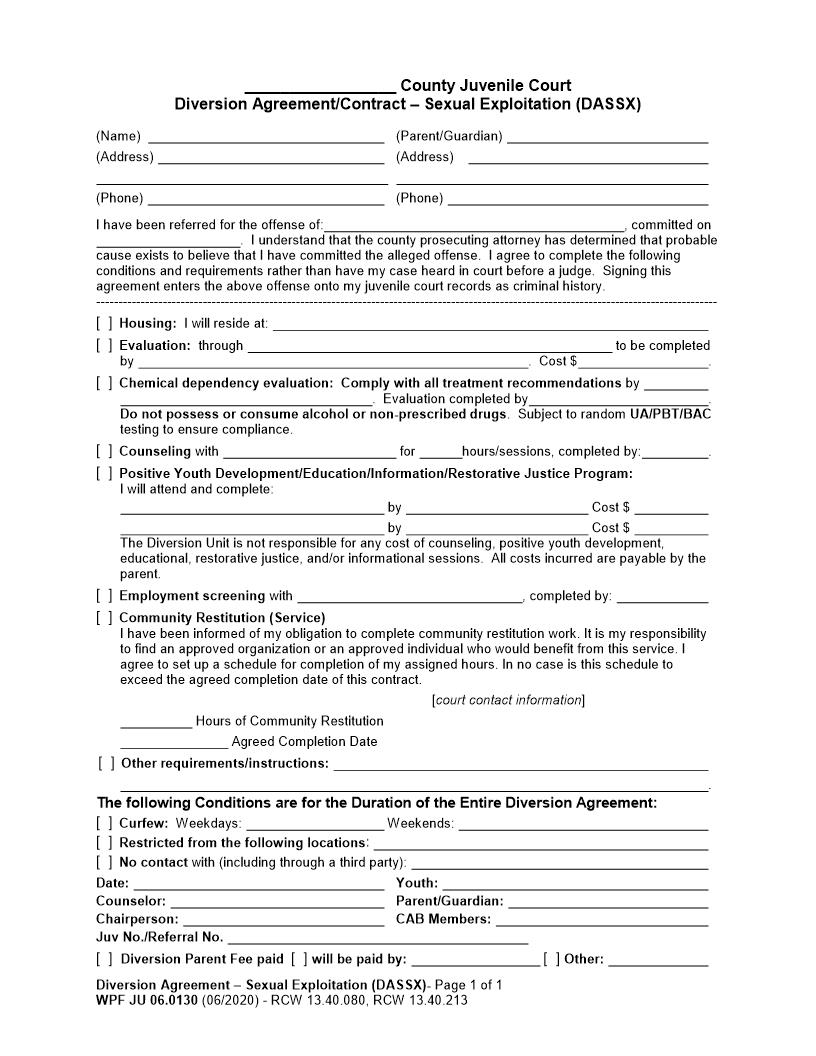 Diversion Agreement Sexual Exploitation {JU 06.0130} | Pdf Fpdf Docx | Washington