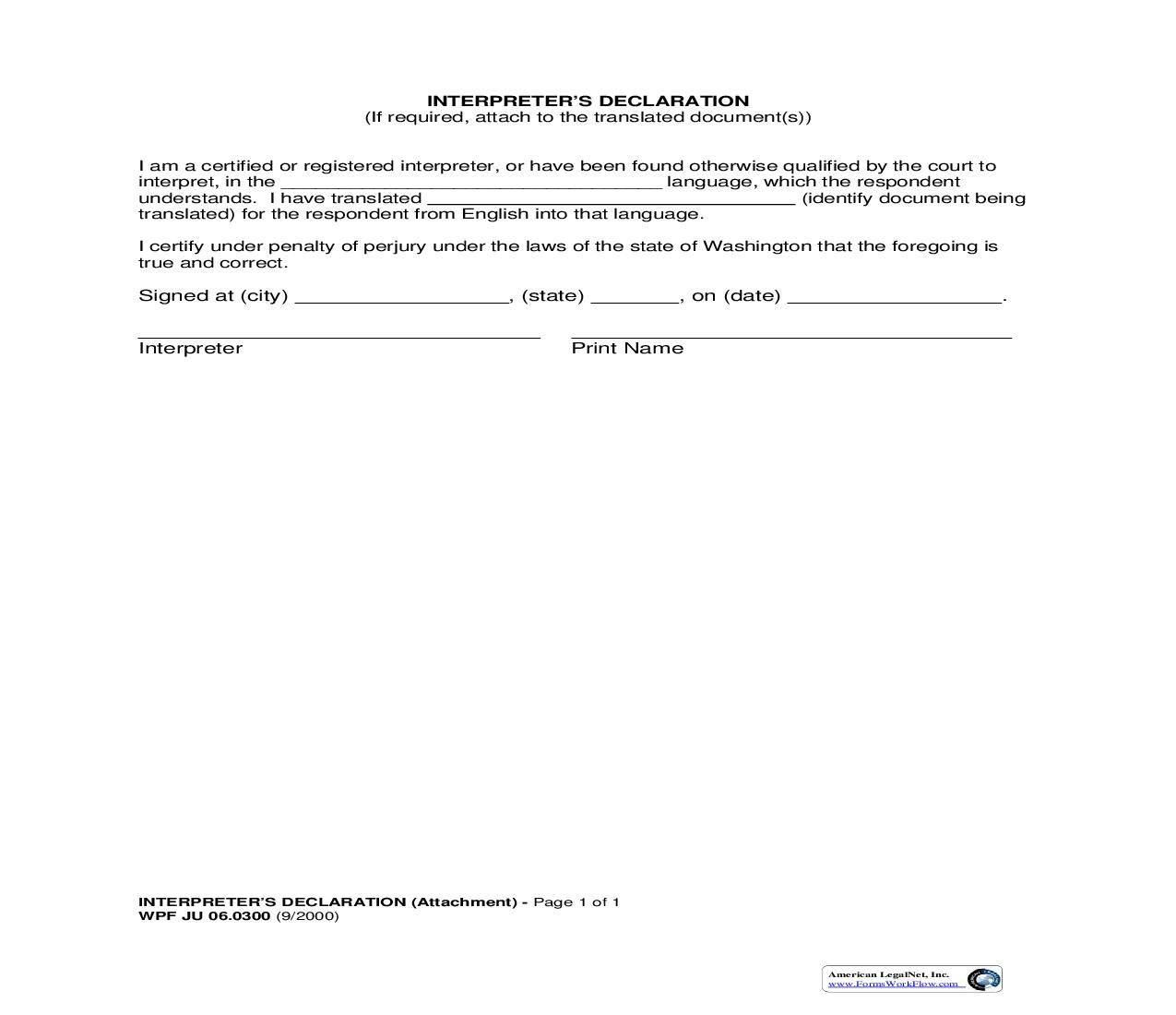 Interpreters Declaration {JU 06.0300} | Pdf Fpdf Doc Docx | Washington