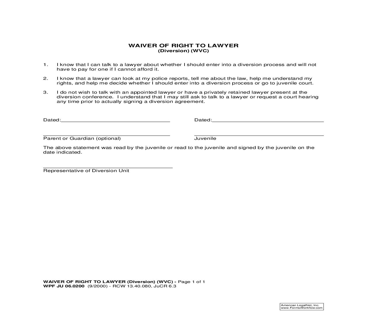 Waiver Of Right To Lawer (Diversion) {JU 06.0200} | Pdf Fpdf Doc Docx | Washington