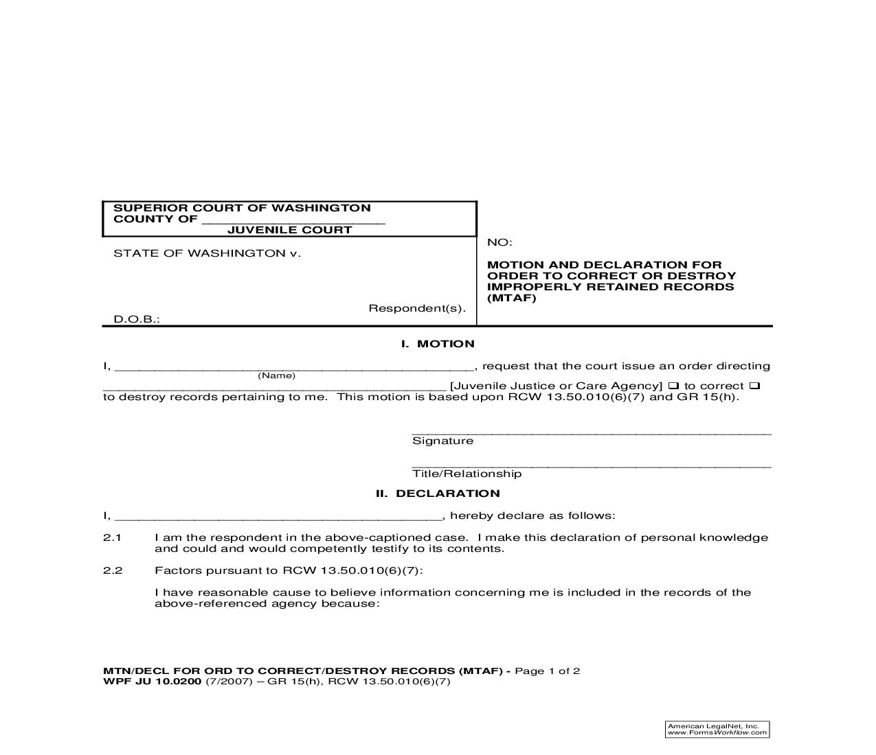 Motion And Declaration For Order To Correct Or Destroy Improperly Retained Records {JU 10.0200} | Pdf Fpdf Doc Docx | Washington