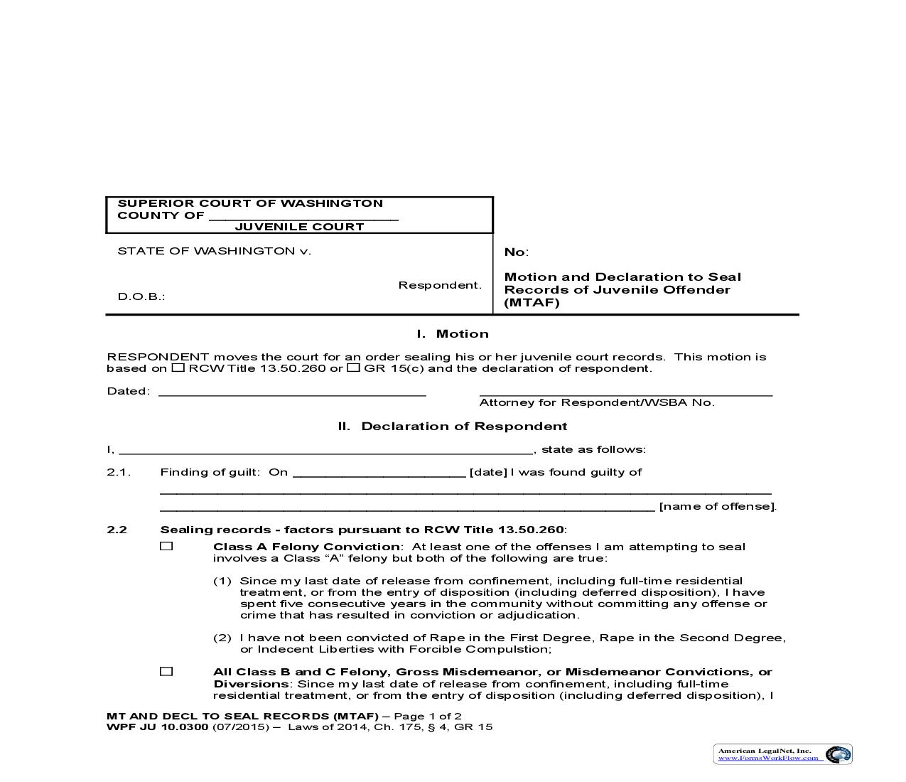 Motion And Declaration To Seal Records Of Juvenile Offender {JU 10.0300} | Pdf Fpdf Doc Docx | Washington