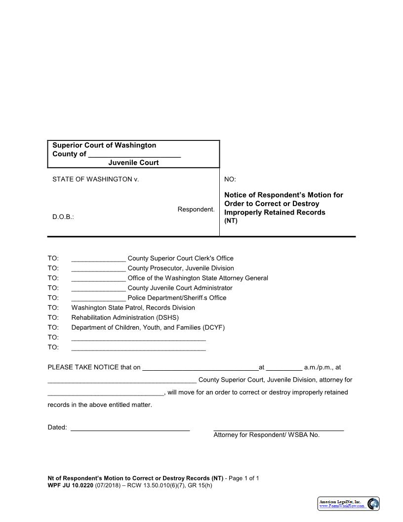 Notice Of Respondents Motion For Order To Correct {JU 10.0220} | Pdf Fpdf Docx | Washington
