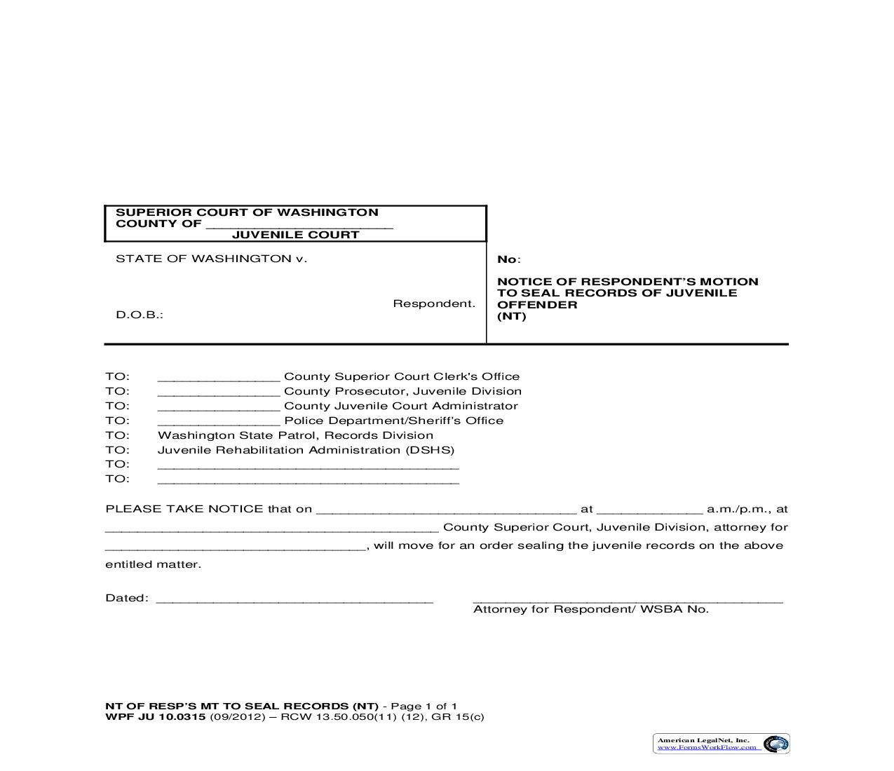 Notice Of Respondents Motion To Seal Records Of Juvenile Offender {JU 10.0315} | Pdf Fpdf Doc Docx | Washington
