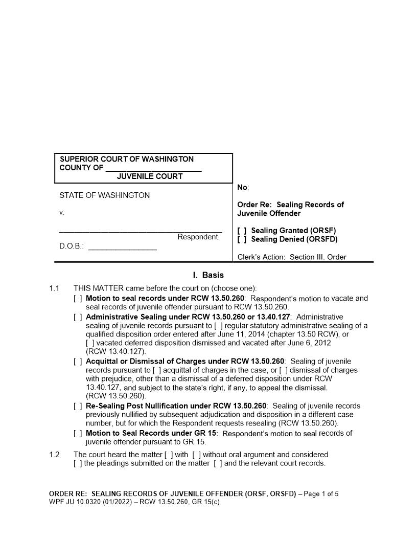 Order On Motion To Seal Records Of Juvenile Offender {JU 10.0320} | Pdf Fpdf Doc Docx | Washington