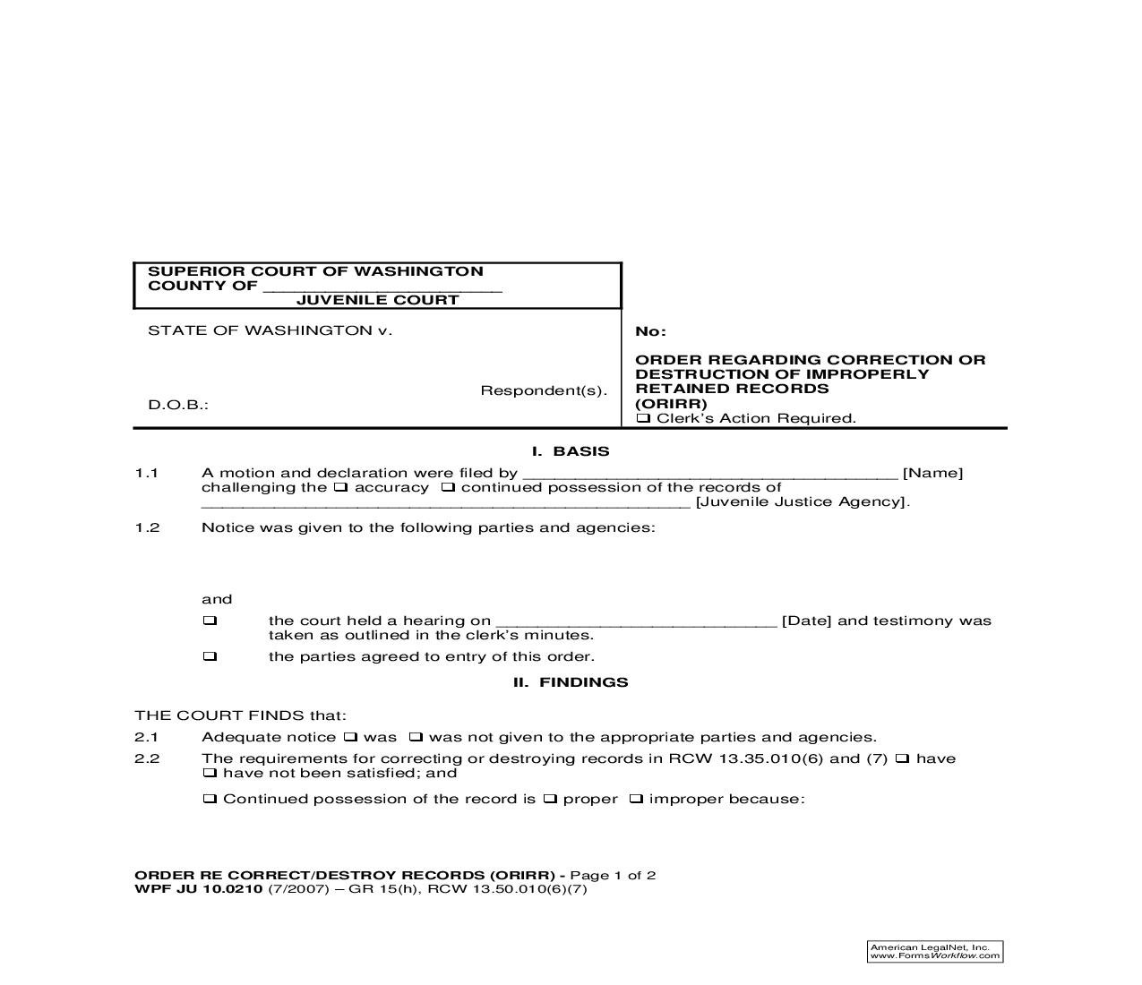 Order Regarding Correction Or Destruction Of Improperly Retained Records {JU 10.0210} | Pdf Fpdf Doc Docx | Washington